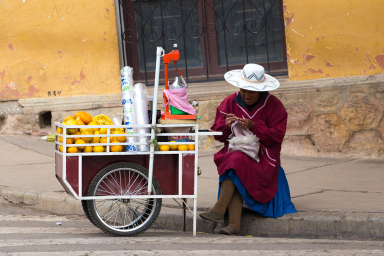Une bolivienne en habit traditionnel, qui vend du jus de fruit dans la rue. Et si elle n'a pas de client, elle tricote ;)